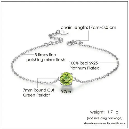 925 Sterling Silver Natural Peridot Charm Bracelet for Women