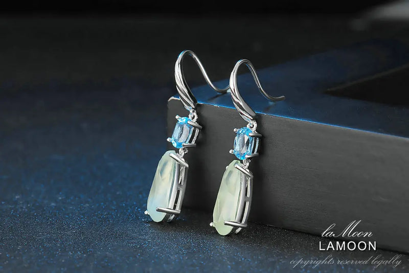 Sterling Silver Prehnite and Blue Topaz TearDrop Earrings for Women