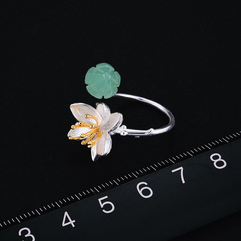 Sterling Silver Aventurine Flower Ring for Women