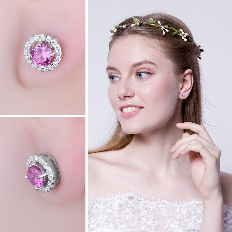 925 Sterling Silver Round Created Pink Sapphire 1.30 ctw Stud Earrings for Women