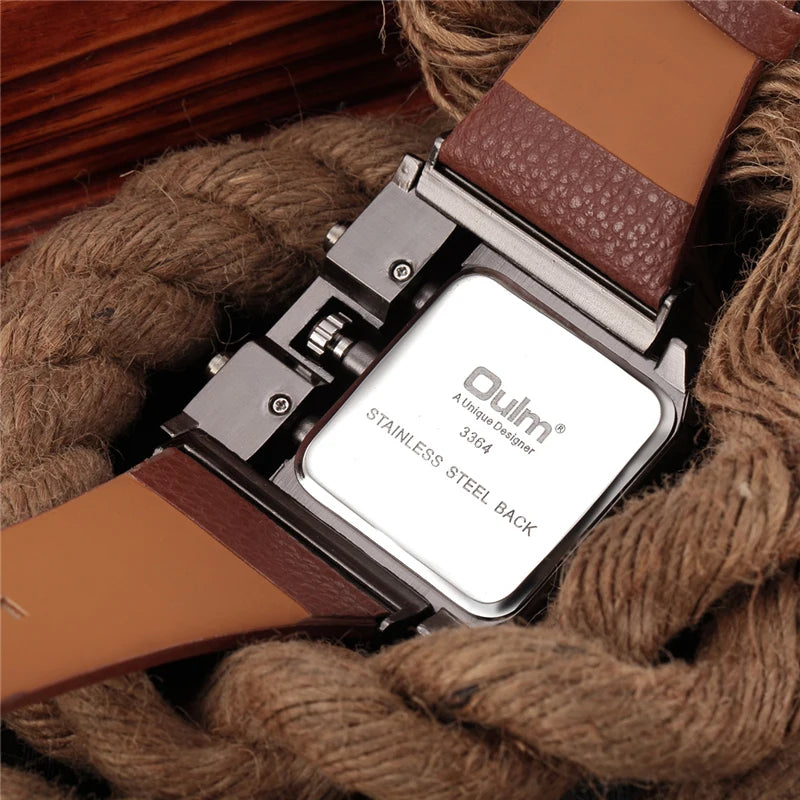 Unique Design Square Men's Wristwatch with Wide Dial and Leather Strap