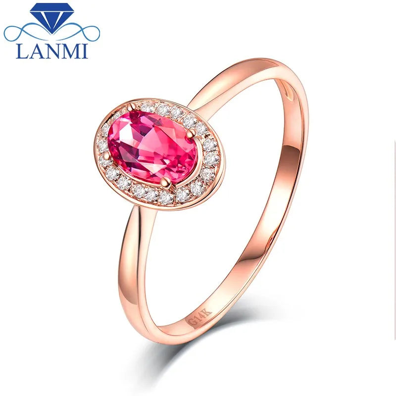 14K Rose Gold Natural Pink Tourmaline & Diamond Ring for Women