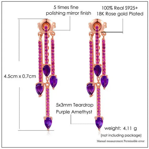 925 Sterling Silver Amethyst Drop Earrings for Women