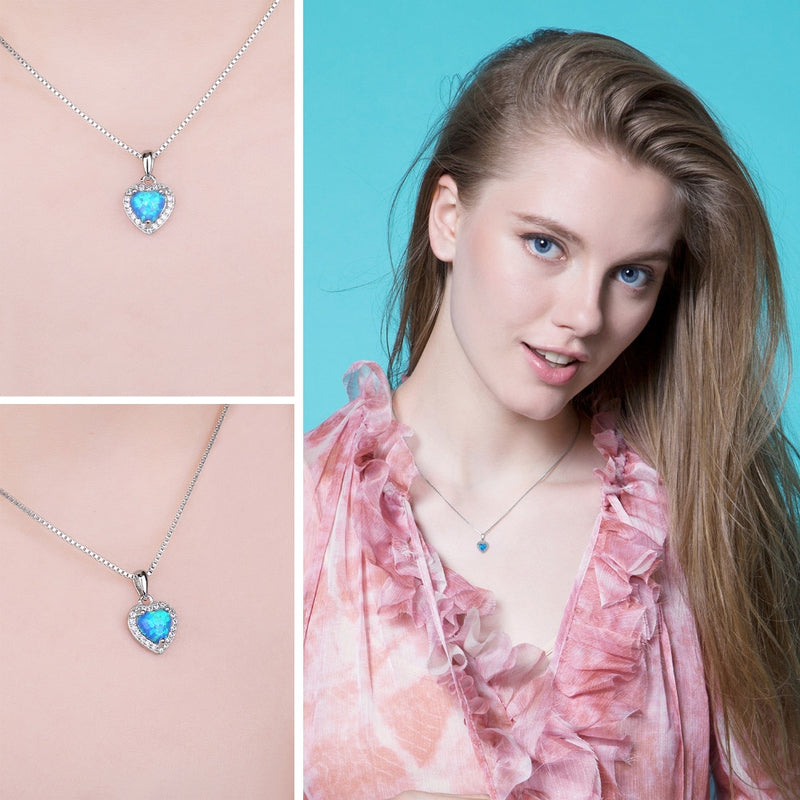 Sterling Silver Created Blue Opal Heart Pendant Necklace for Women