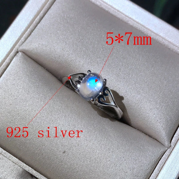 Sterling Silver Moonstone Ring with Intense Blue Light, Simple Design for Lady