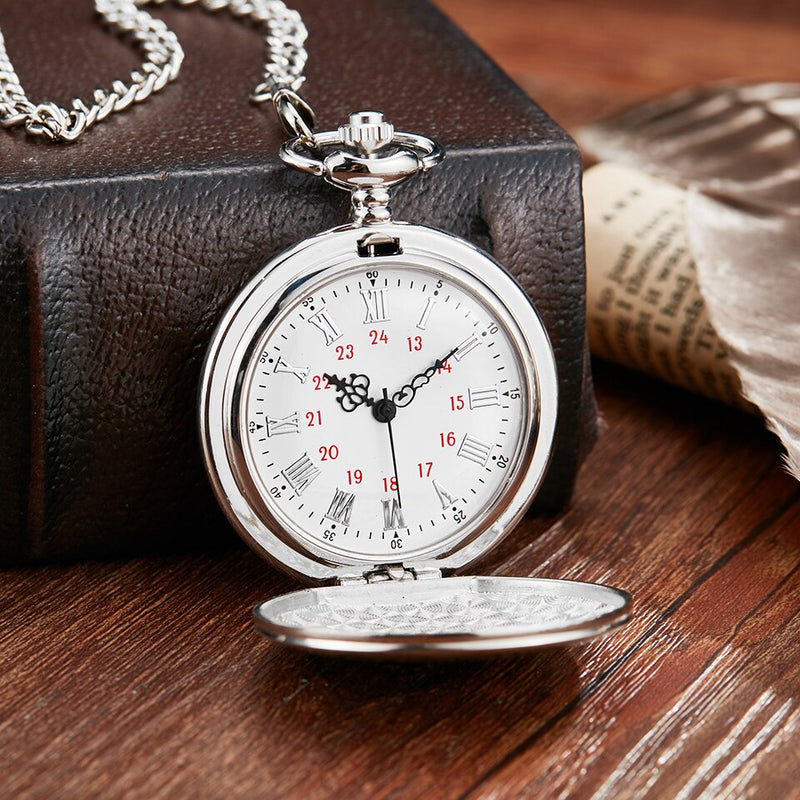 Stainless Steel Laser Engraved Pocket Watch with Chain for Men