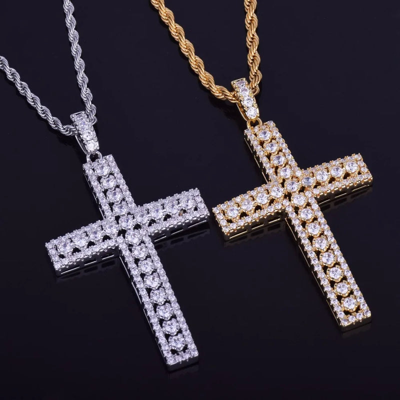 Gold Color Copper Bubble Letter Cross Pendant Necklace with Bling Zircon, for Men and Women