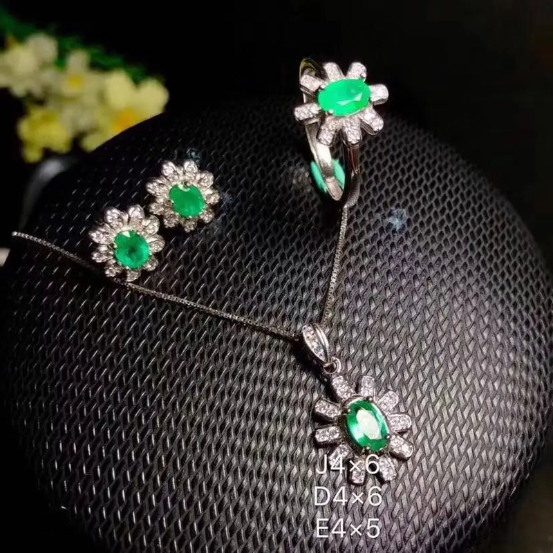 925 Silver Natural Emerald Set Ring Earrings Necklace for Her