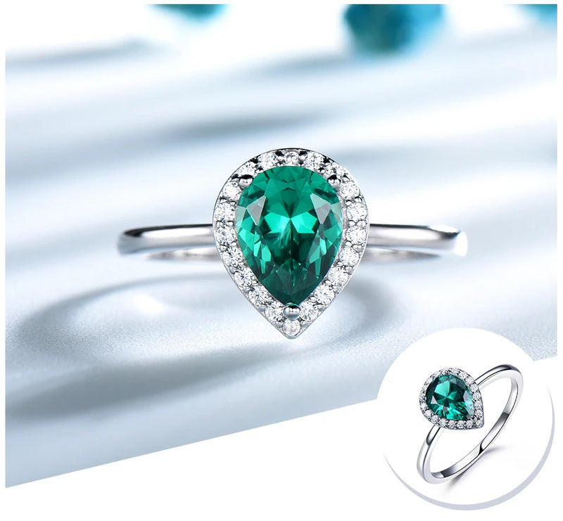 Sterling Silver Green Emerald Gemstone Halo Engagement Ring for Women