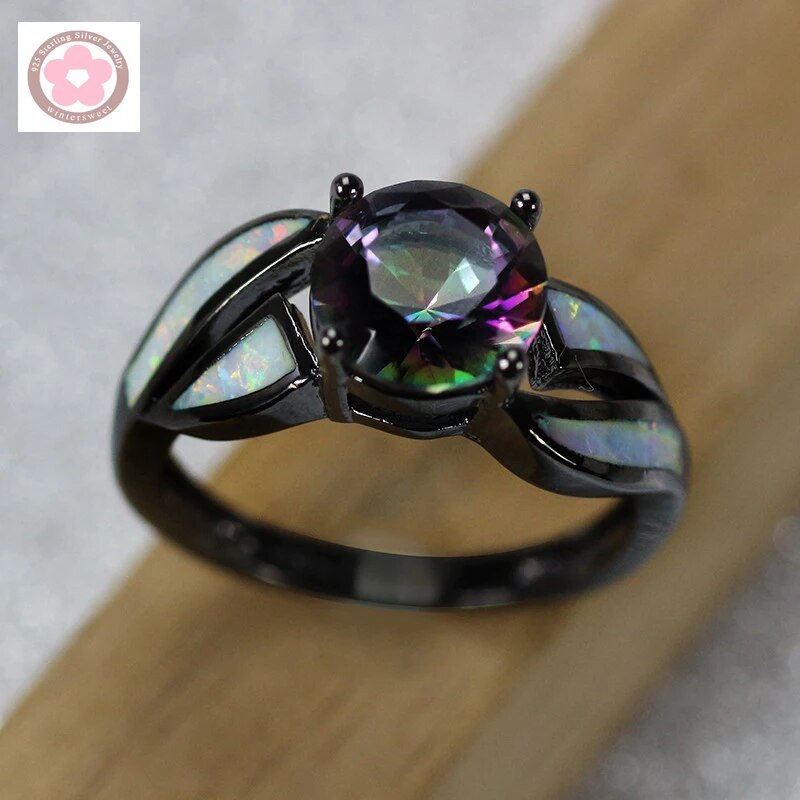 Sterling Silver Rainbow Crystal & Fire Opal Cocktail Ring for Women