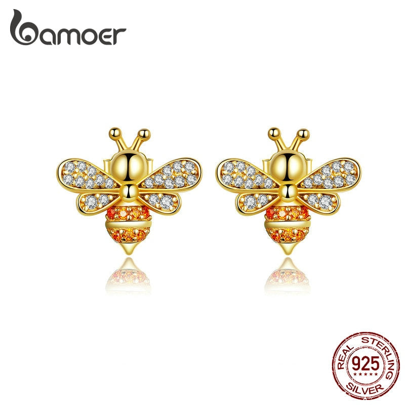 Sterling Silver Clear CZ Bee Stud Earrings for Women