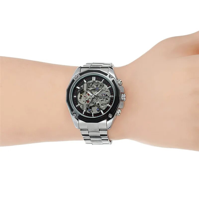 Stainless Steel Skeleton Automatic Mechanical Watch for Men