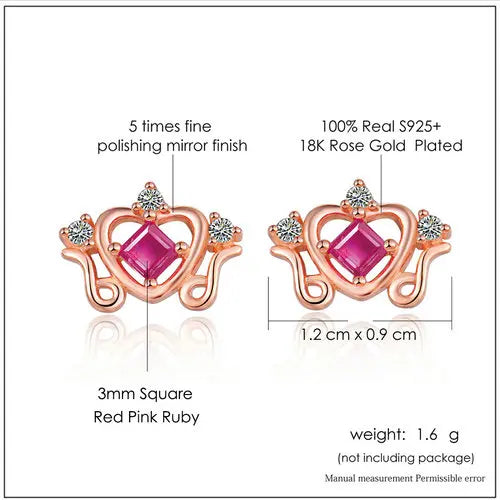 Rose Gold Vermeil Sterling Silver Princess Cut Ruby Stud Earrings for Women