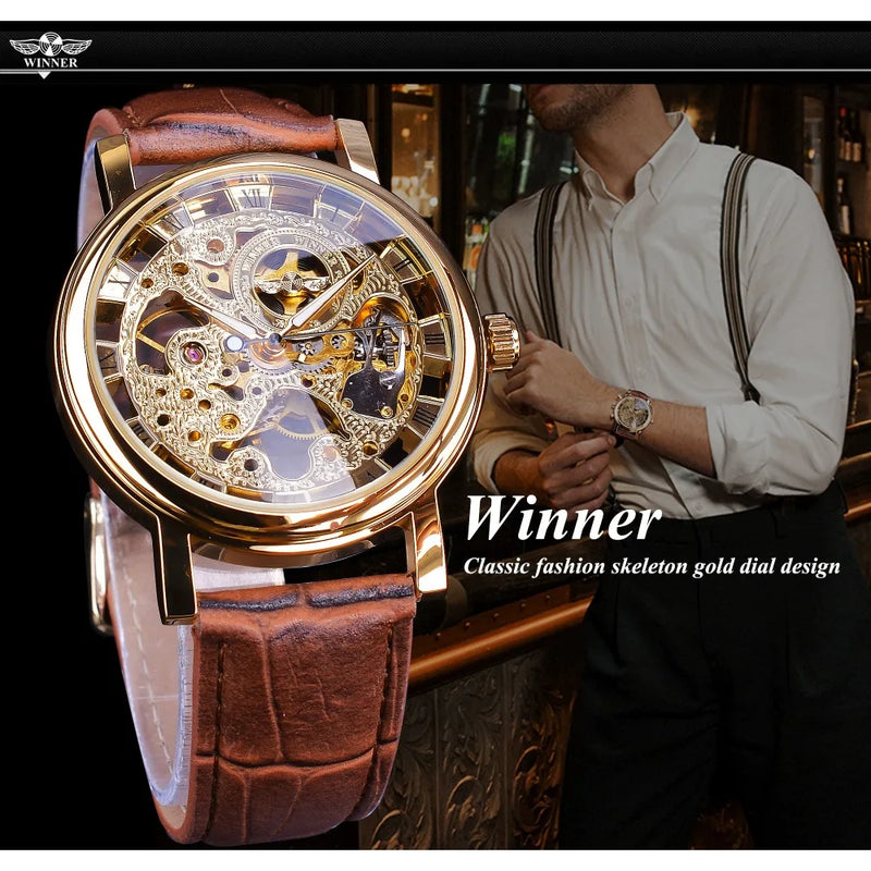 Transparent Leather Strap Skeleton Watch for Men