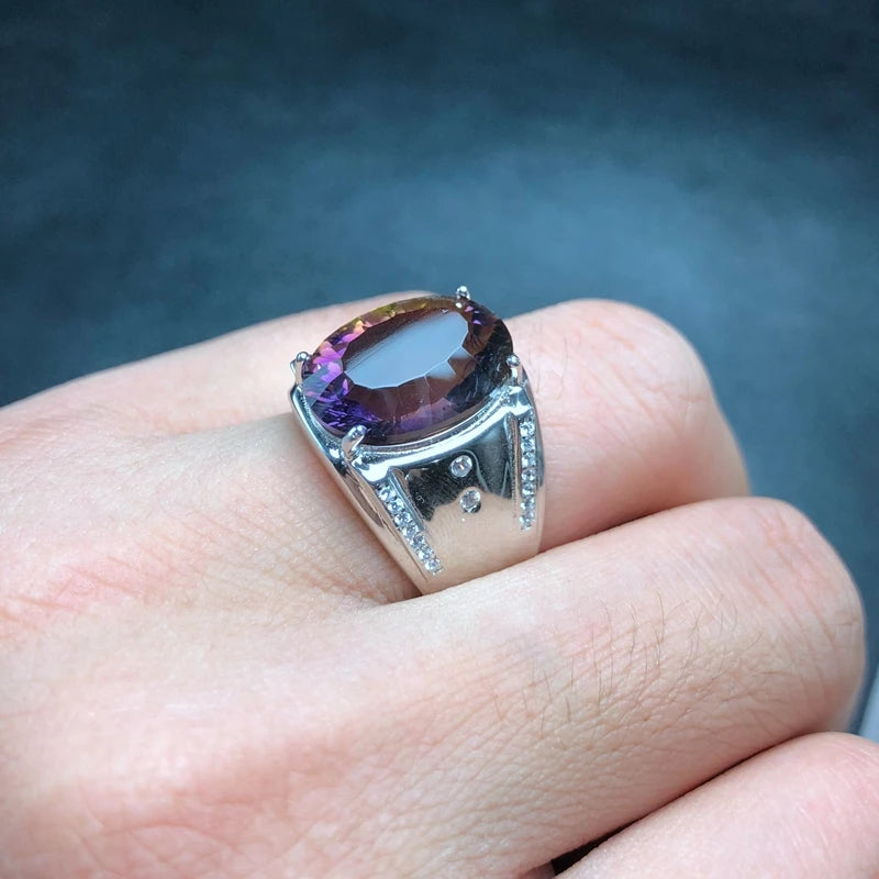 925 Silver Ametrine Ring with Two-Color Fire, Natural Beauty for Men