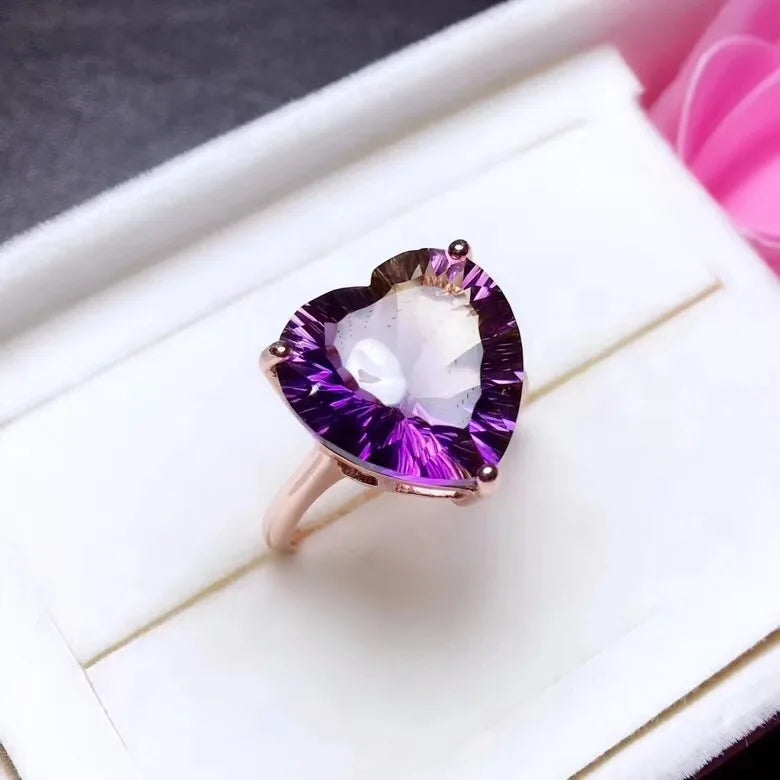 925 Silver Natural Amethyst Heart-Shaped Ring for Lady