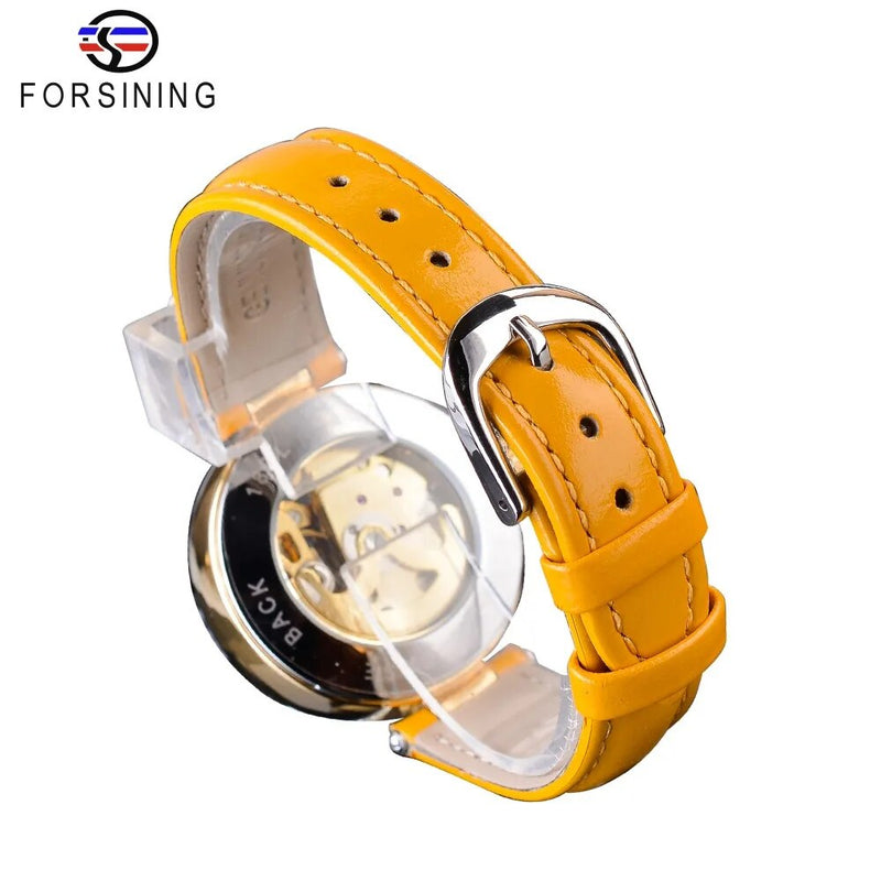 Yellow Gold Genuine Leather Ladies Skeleton Mechanical Wristwatch