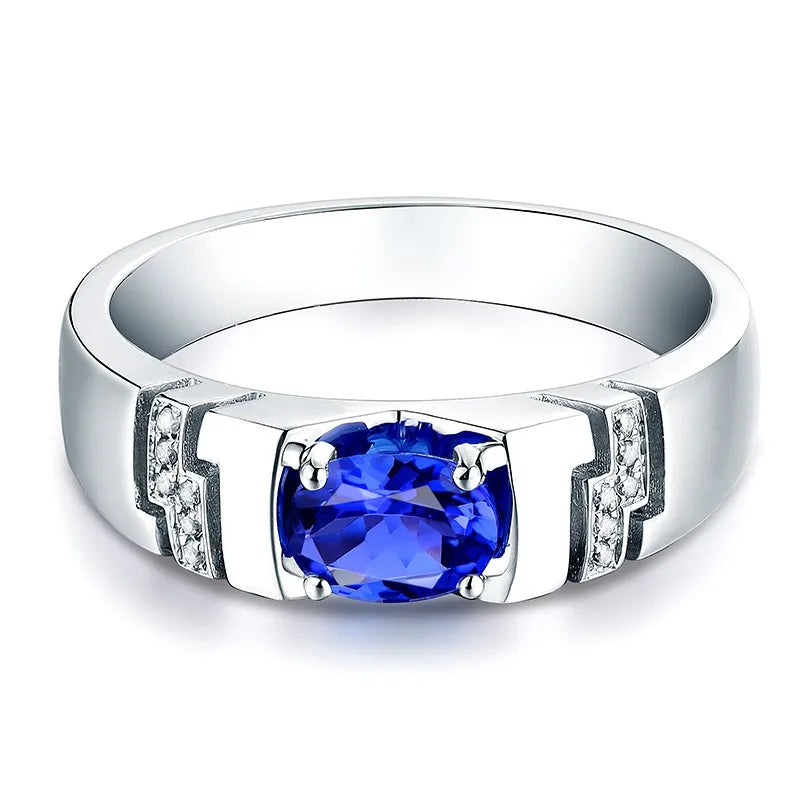 14K White Gold Blue Sapphire Ring for Men