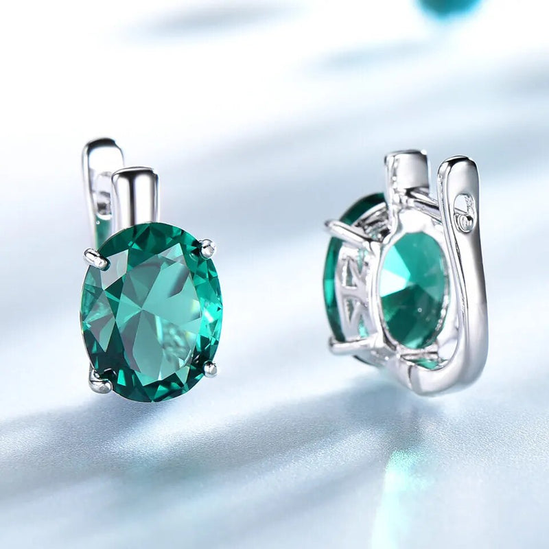 925 Sterling Silver Oval Nano Emerald Clip Earrings for Women