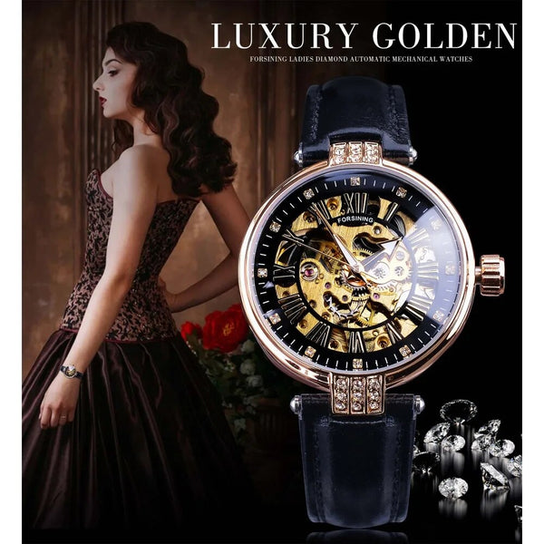 Stainless Steel Diamond Accented Luminous Hands Automatic Watch for Women