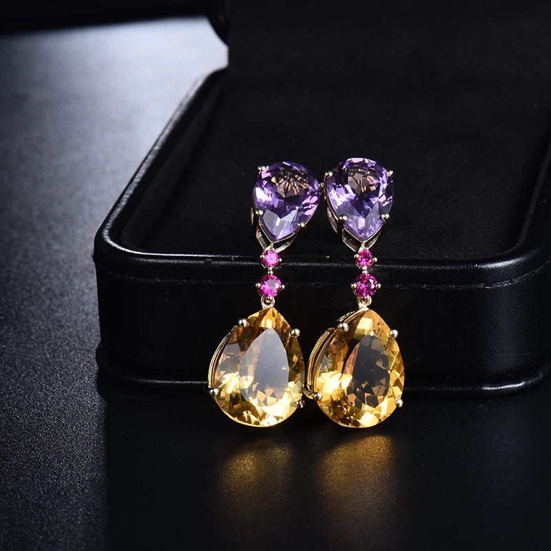 14K Yellow Gold Amethyst and Citrine Pear Drop Earrings for Women