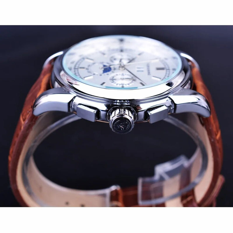 Stainless Steel Brown Leather Moonphase Calendar Automatic Mens Watch