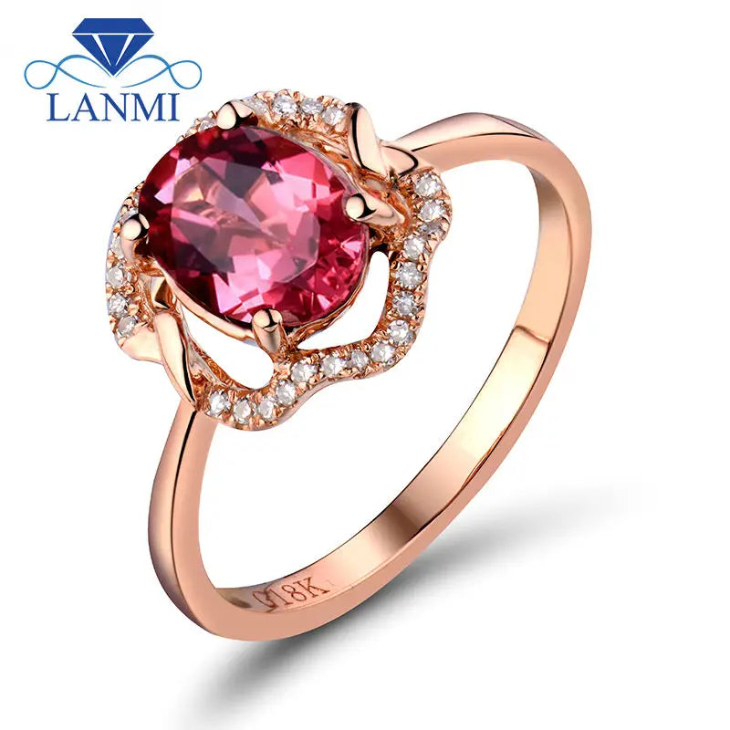 18k Rose Gold Pink Diamond Tourmaline Oval Cut Ring for Women