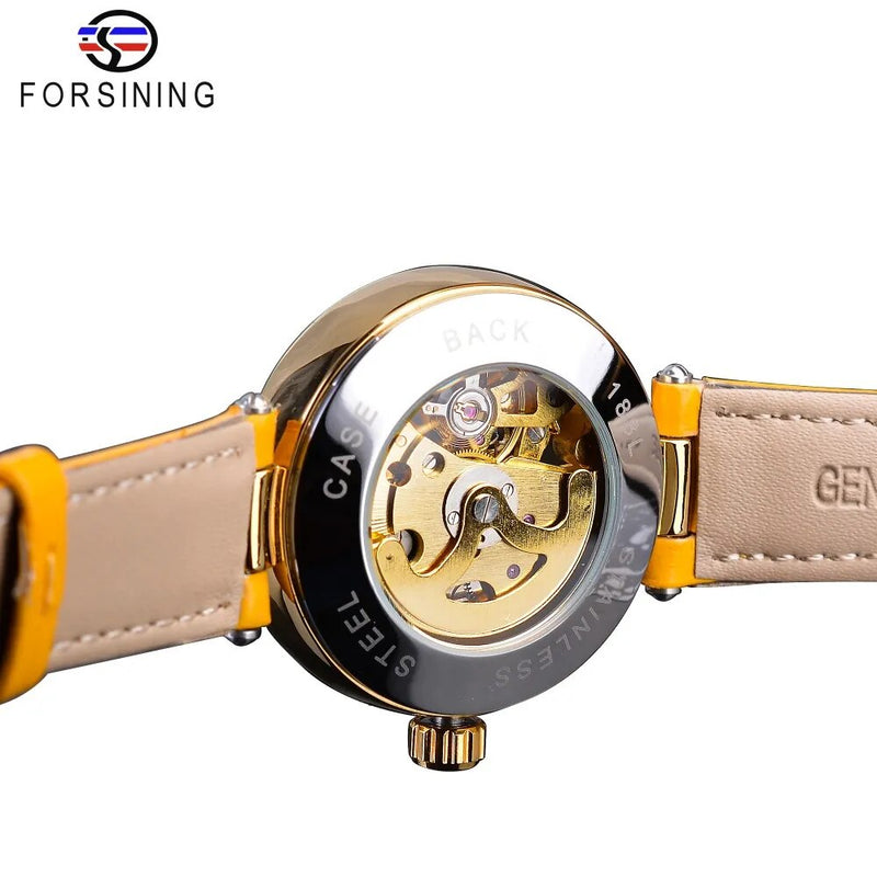 Yellow Gold Genuine Leather Ladies Skeleton Mechanical Wristwatch