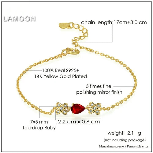 925 Sterling Silver Gold Vermeil Natural Ruby Bracelet for Women