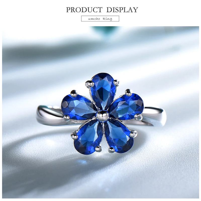 925 Sterling Silver Blue Sapphire Flower Ring for Women