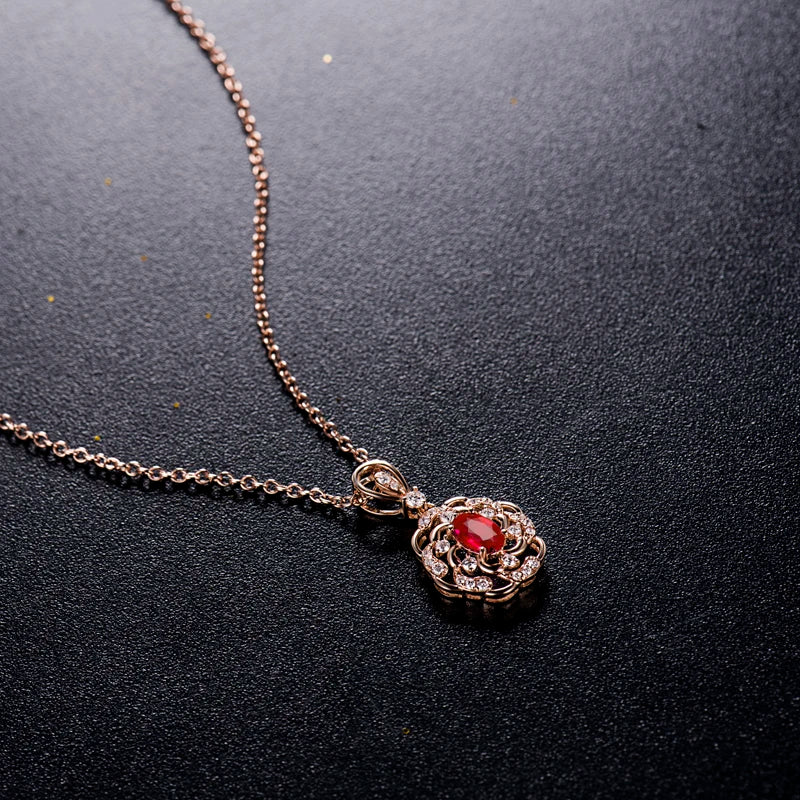 14K Rose Gold Red Ruby and Diamond Pendant Necklace for Women