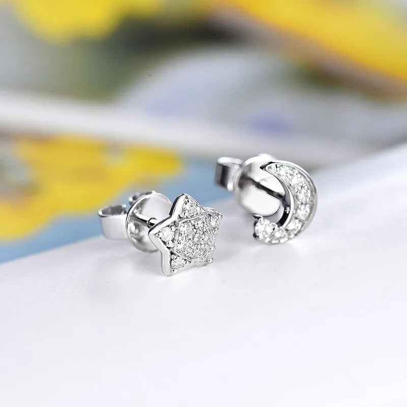 18K White Gold Star Moon Diamond Stud Earrings for Girl