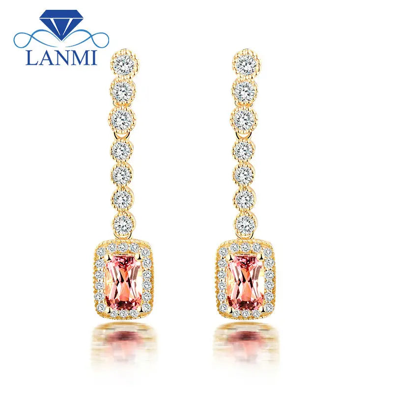 18K Yellow Gold Natural Pink Tourmaline Cushion Cut Earrings for Women