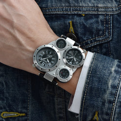 Men's Dual Time Zone Watch with Big Face and PU Leather Band, Featuring Compass Decoration