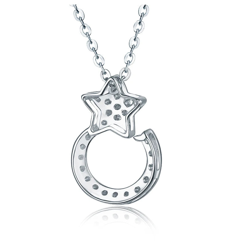 18K White Gold Diamond Moon Star Pendant Necklace for Her