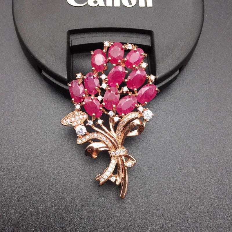 925 Silver Dual-Use Ruby Brooch, with Precious Natural Ruby Stone, Size can be Used as a Pendant