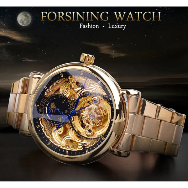 Golden Steel Skeleton Automatic Mechanical Moon Phase Watch for Men