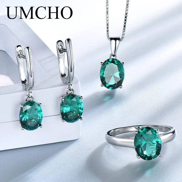 Sterling Silver Emerald Ring and Pendant Set for Women