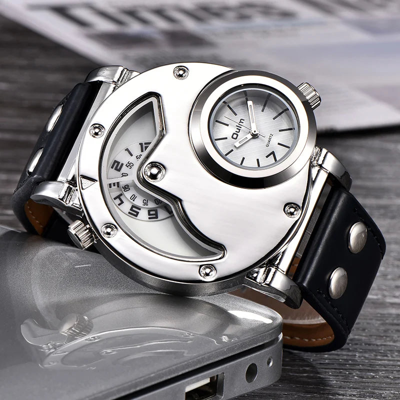 Unique Design Multiple Time Zone Leather Strap Wristwatch for Men