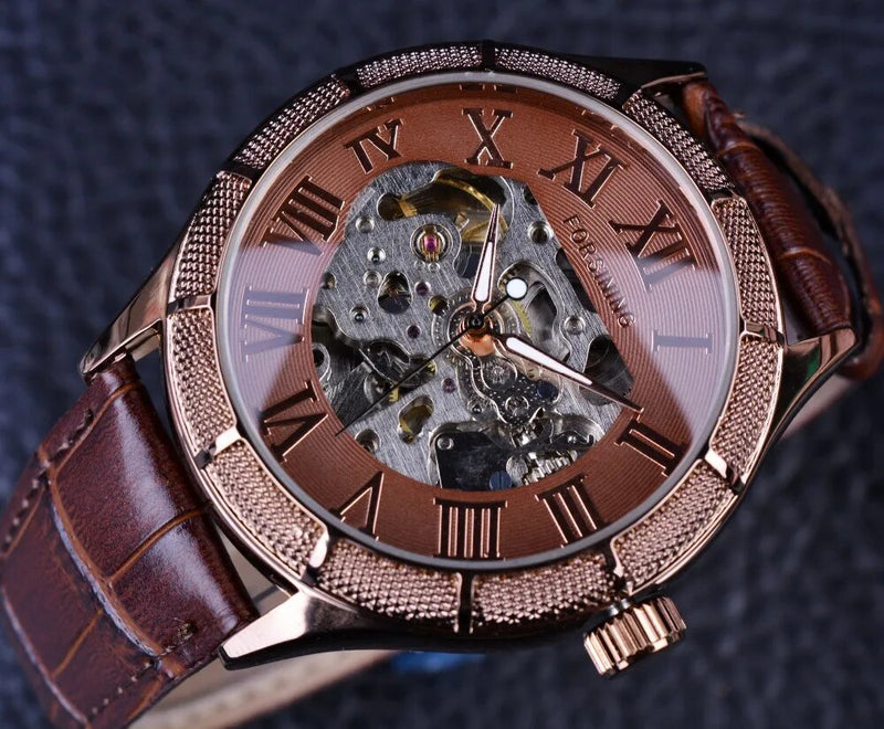 Transparent Skeleton Mechanical Watch with Roman Numerals for Men