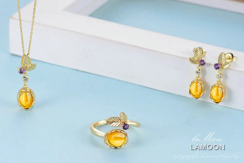 Sterling Silver Citrine Flower Jewelry Set for Women