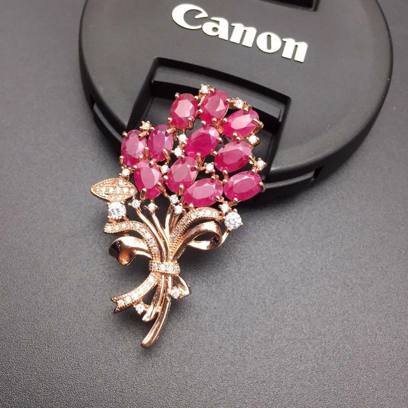 925 Silver Dual-Use Ruby Brooch, with Precious Natural Ruby Stone, Size can be Used as a Pendant