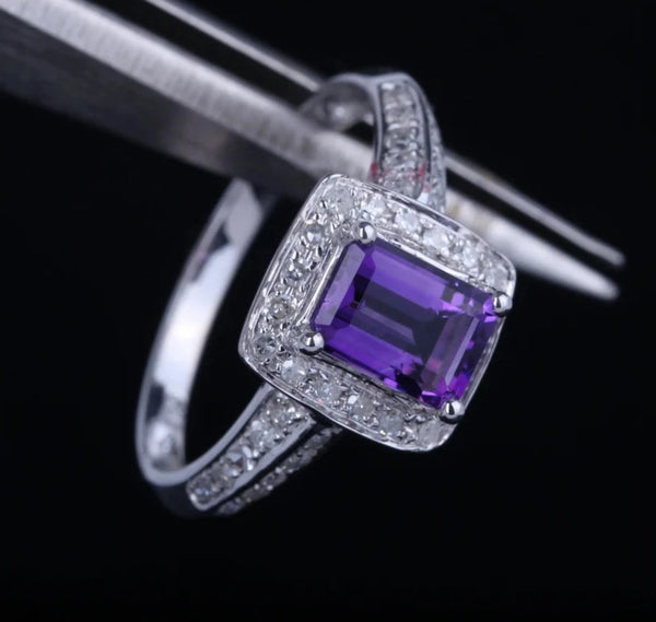 10K White Gold Amethyst 0.99ctw Diamond Ring for Women