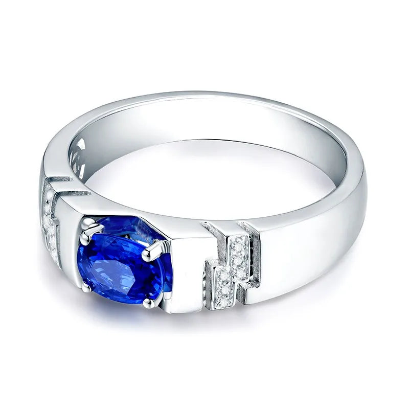 14K White Gold Blue Sapphire Ring for Men