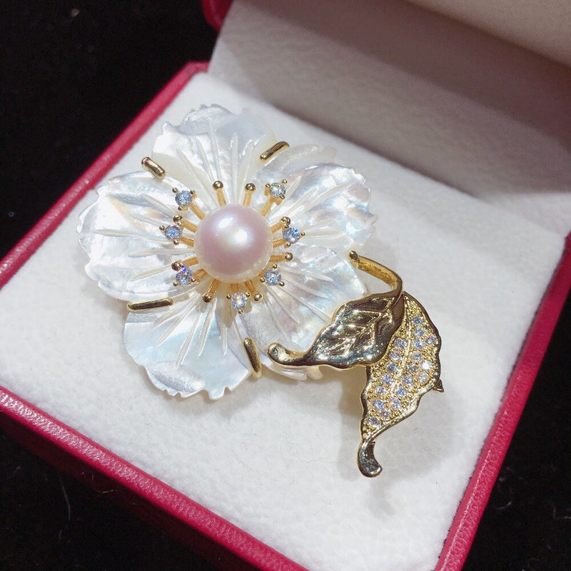 Silver Freshwater Pearl Shell Flower Brooch Pins for Women