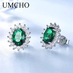 925 Sterling Silver Created Emerald Stud Earrings For Women