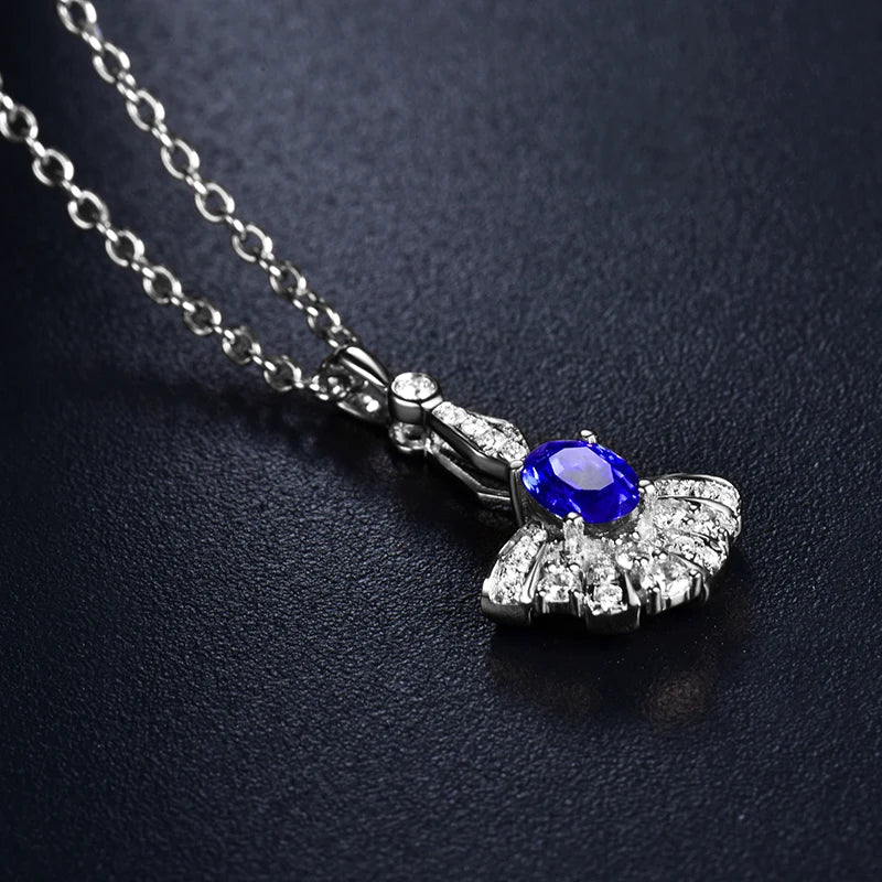 14K White Gold Oval Blue Sapphire Pendant Necklace for Women