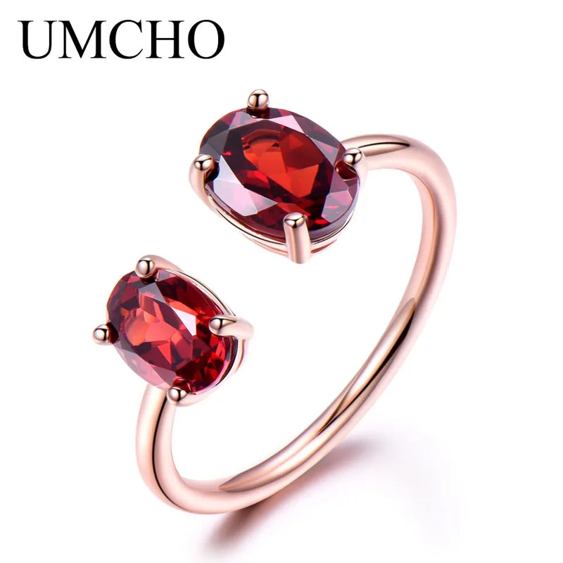 Sterling Silver Rose Gold Plated Oval Double Garnet Ring for Women