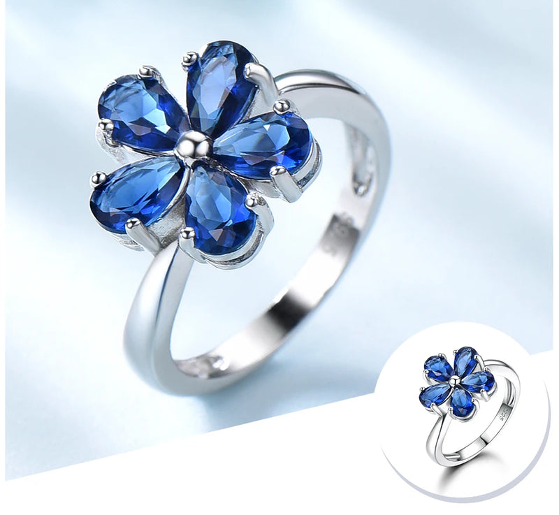 925 Sterling Silver Blue Sapphire Flower Ring for Women