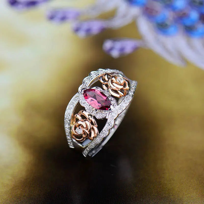 18K Two Tone Gold Marquise Pink Tourmaline and Diamond Engagement Ring for Women